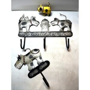 Set Of BLUE HANDWORKS METAL GOOD/BAD DOG WALL HANGING HOOKS w/ figure
